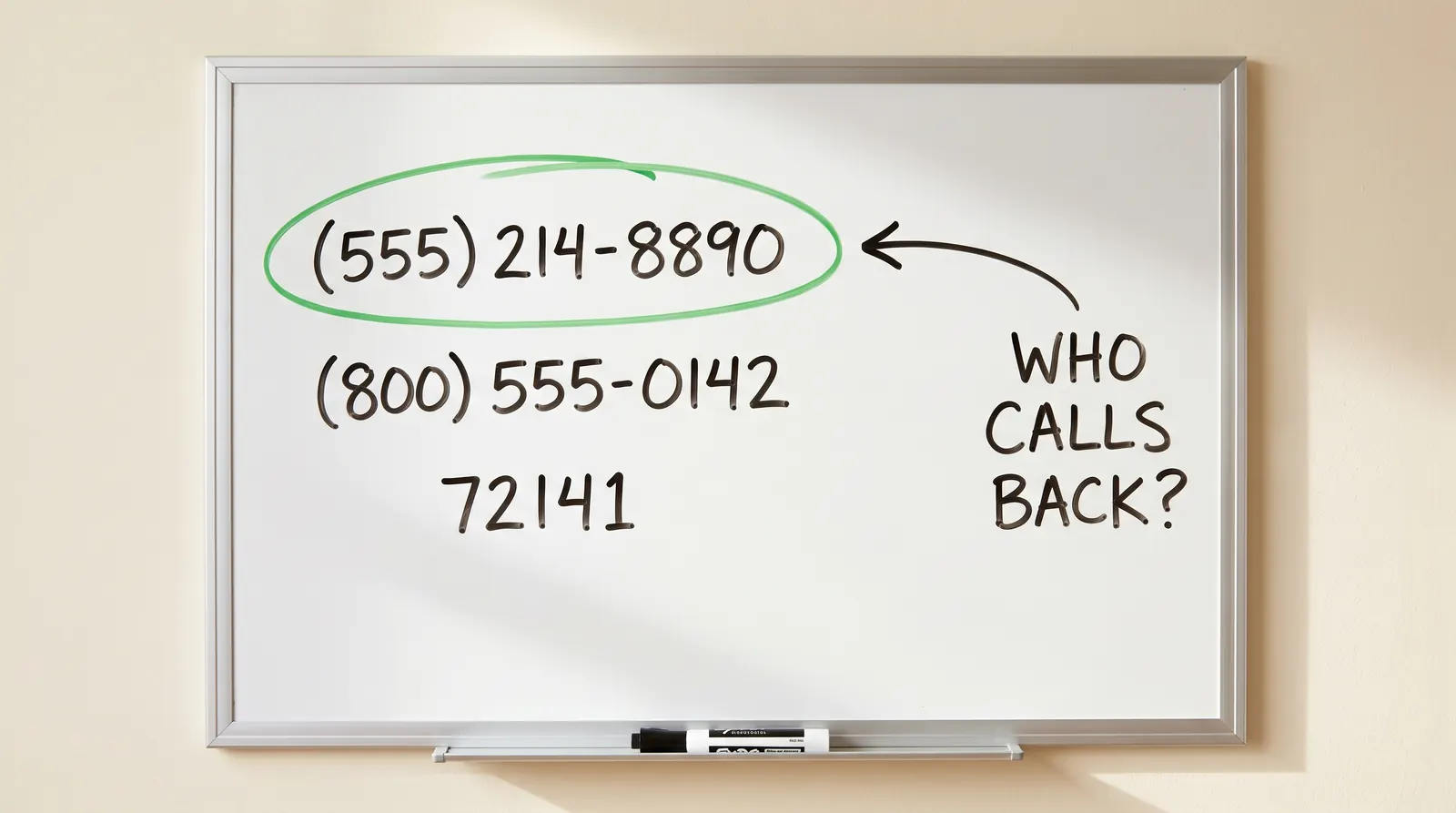 Three phone numbers written on a whiteboard — a local number, a toll-free number and a short code — with the local one circled and annotated 'depends on who's calling back'