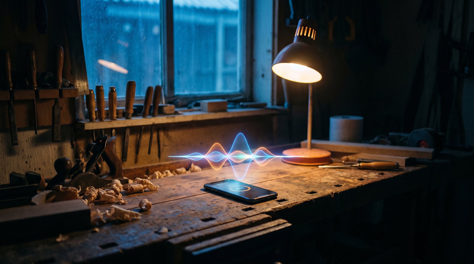 A ringing phone on a workbench in an empty shop after hours, with a small glowing waveform hovering above it answering the call