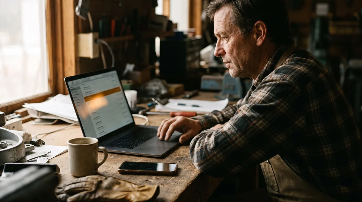 A small business owner reviewing a call log on a laptop, with several missed calls highlighted and a phone sitting face-down on the desk