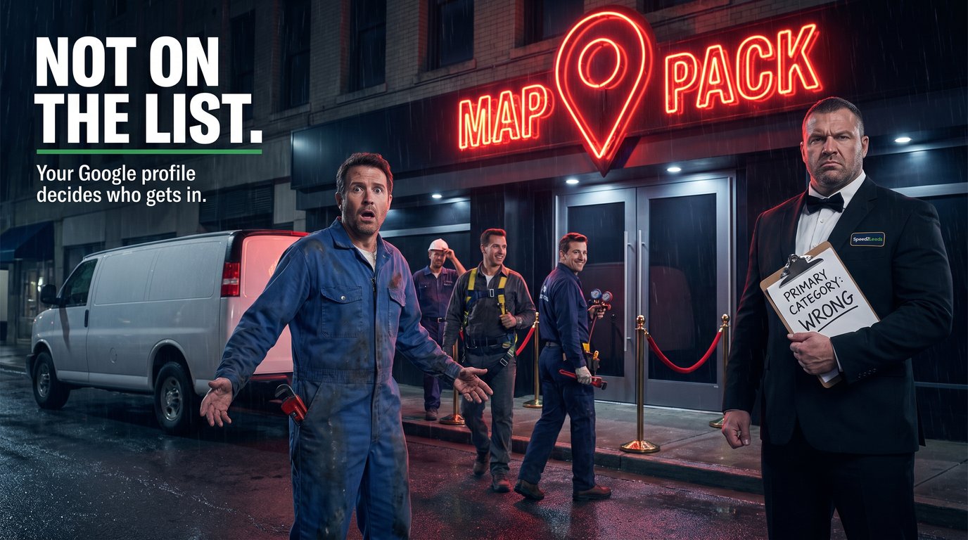A plumber stopped at a nightclub velvet rope under a neon MAP PACK sign while the bouncer holds a clipboard reading PRIMARY CATEGORY: WRONG and rival tradespeople walk in