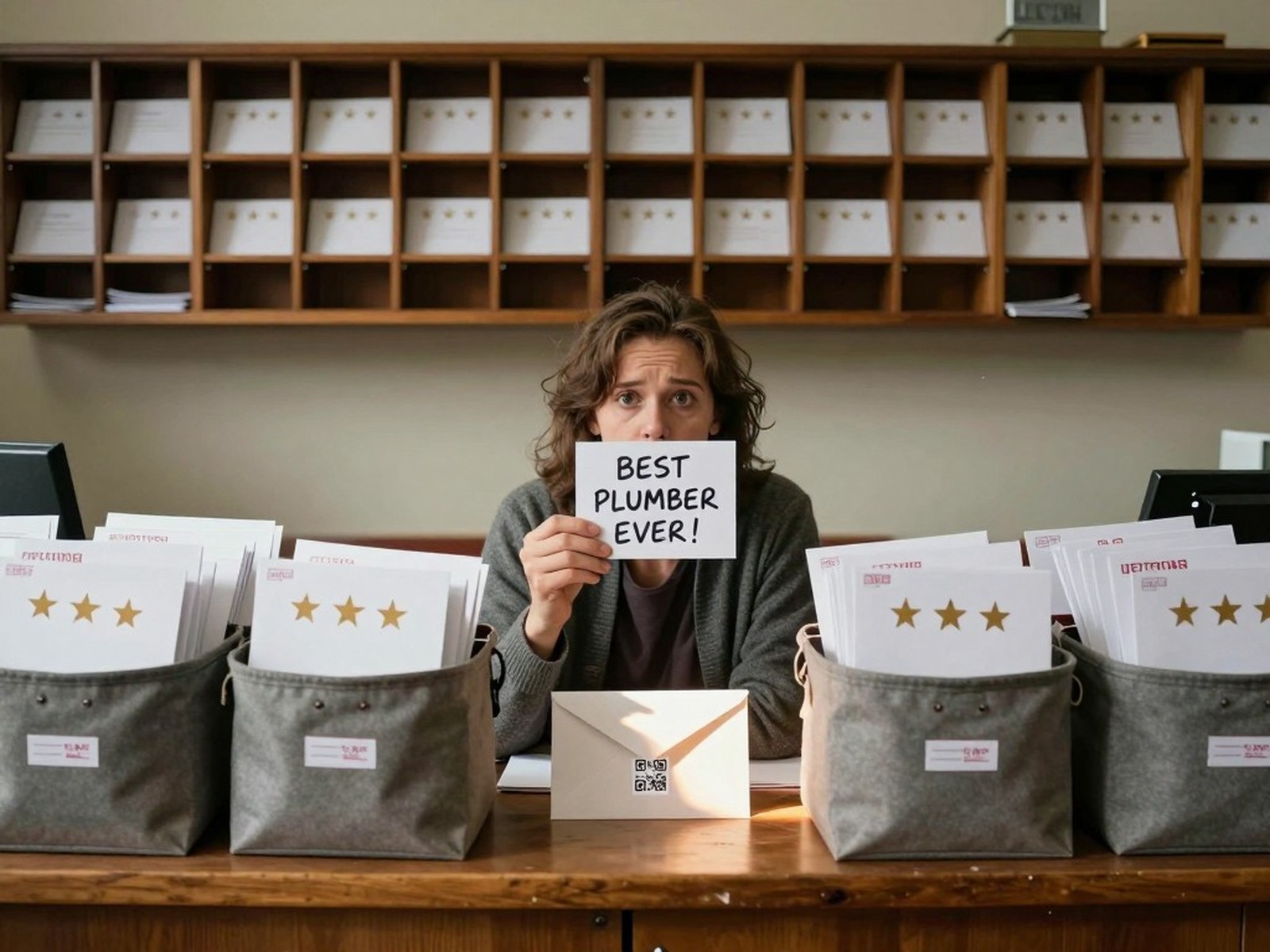 A tired postal clerk sits behind a counter between canvas bins full of unsent star-rated thank-you cards, holding up one that reads BEST PLUMBER EVER!, while a single envelope with a QR code where the address should be stands on the counter in front of her