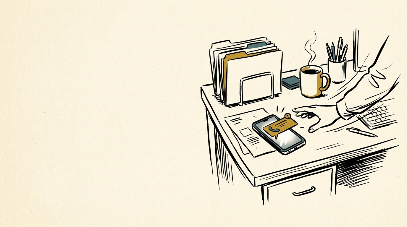 A phone lighting up with a new-lead notification on a cluttered desk, the ordinary moment right before someone either calls back fast or doesn't