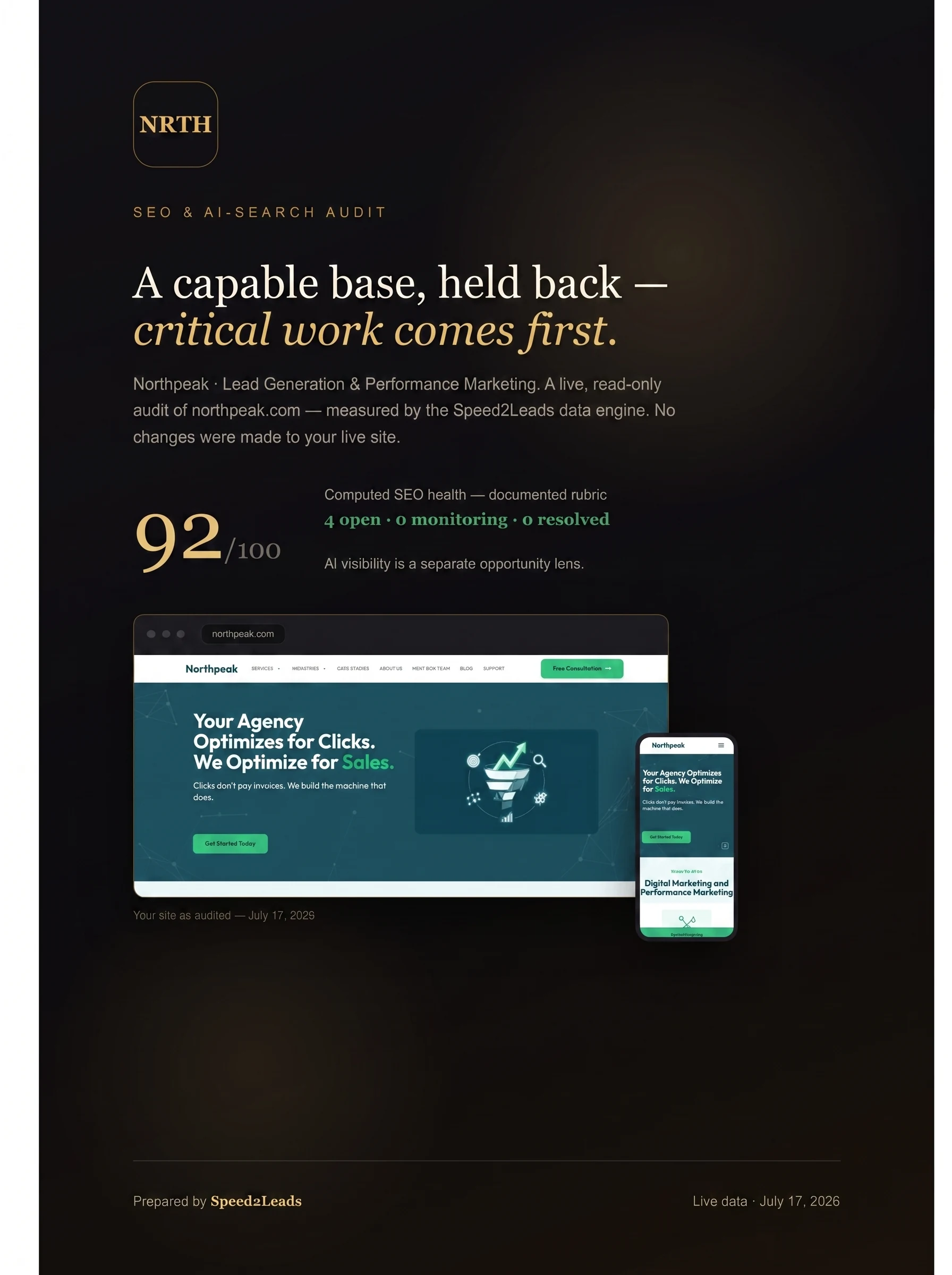 A Speed2Leads SEO and AI-search audit report cover: a 92 out of 100 health score, findings status, and the audited site shown on desktop and mobile.