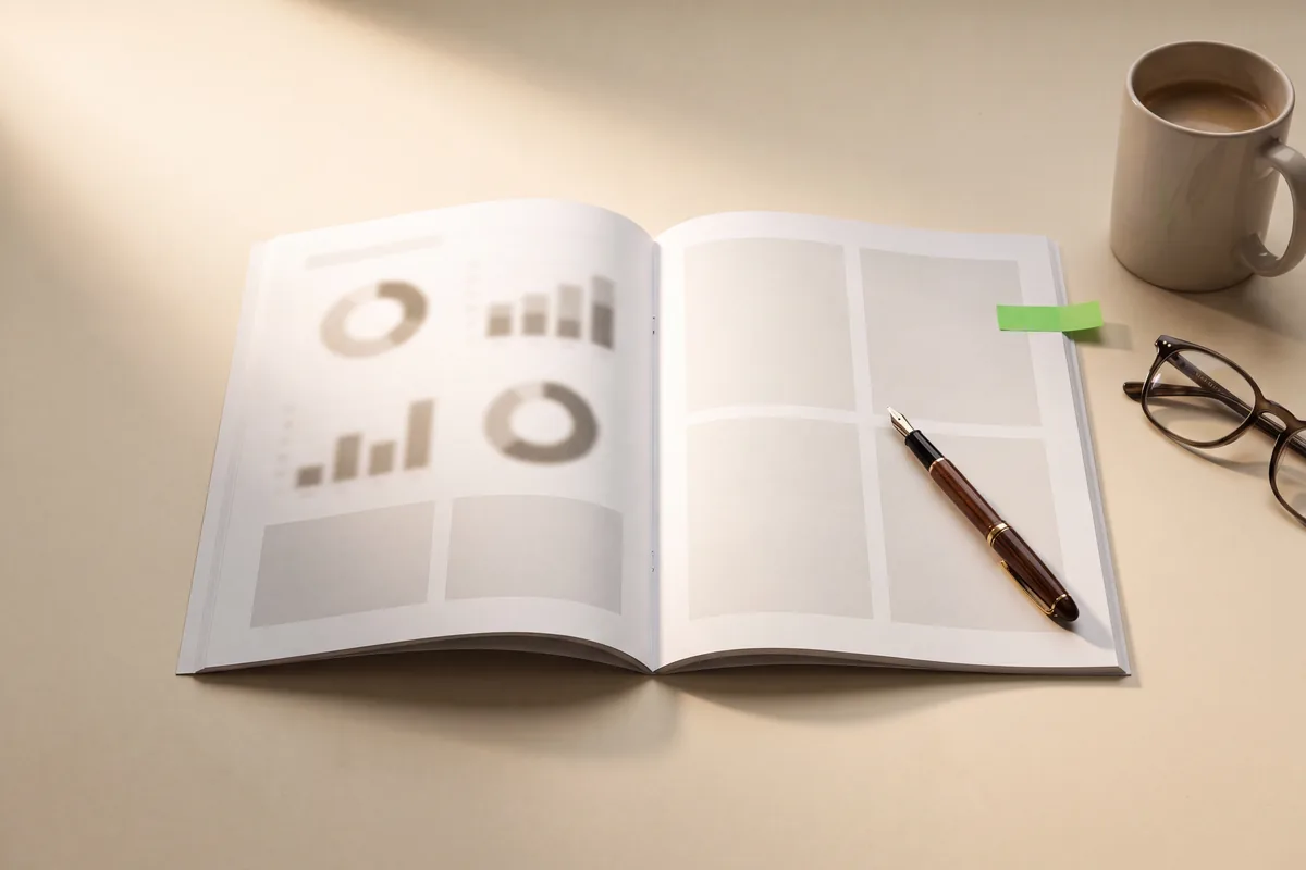 An open, printed audit report showing charts and scores on a desk.