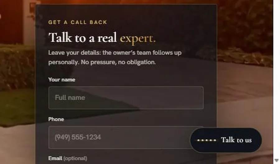 A lead-capture panel on the live site's homepage, captured 2026-07-28. Brand marks cropped out to keep the client anonymized.